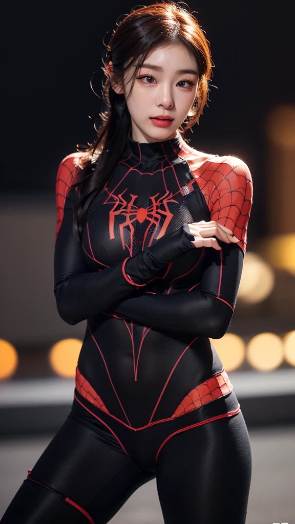 tmasterpiece,1 Korean girl,realisticlying,8K UHD,high high quality,in the background bokeh, spider-man black suit,Spidey,Clothes wrap around the whole body,Tight clothing,Abs contour,Short black hair,s the perfect face,shining face,Ultra-clear face,Elaborate Eyes,idoly