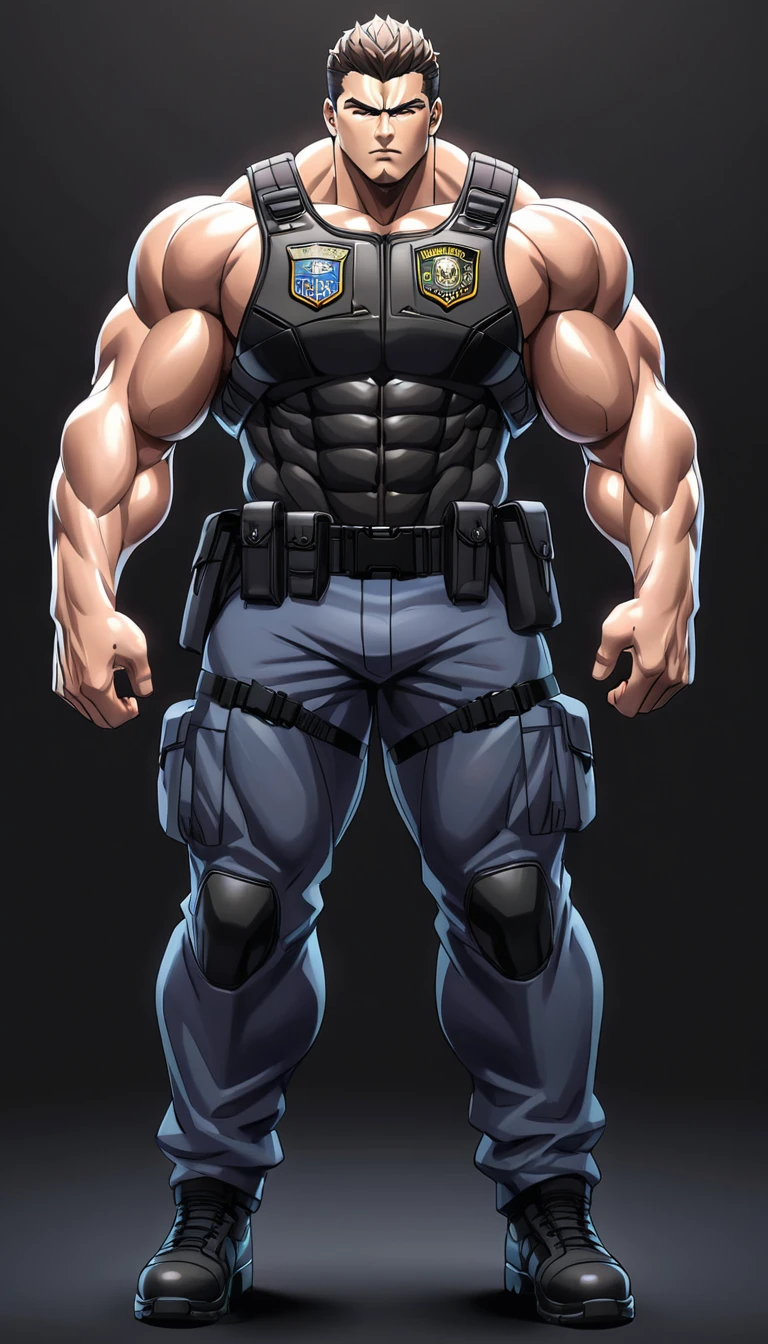 highly detailed anime style digital illustration,muscular man,wearing tactical fbi uniform,standing,big body, real anatomy body, Full Body, Alone, hyper detailed, sharp focus, physically-based rendering, (black background:1.1)