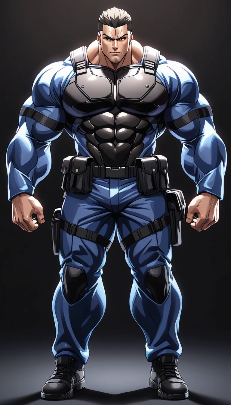 highly detailed anime style digital illustration,muscular man,wearing tactical fbi uniform,standing,big body, real anatomy body, Full Body, Alone, hyper detailed, sharp focus, physically-based rendering, (black background:1.1)