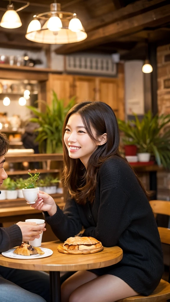 "A scene in a cozy cafe where a man and a woman are sitting across from each other at a small table. They are both making eye contact and smiling warmly at each other. The cafe has a warm atmosphere with soft lighting, wooden tables, and some plants in the background. The woman has a cup of coffee in front of her, and the man has a small plate with a pastry