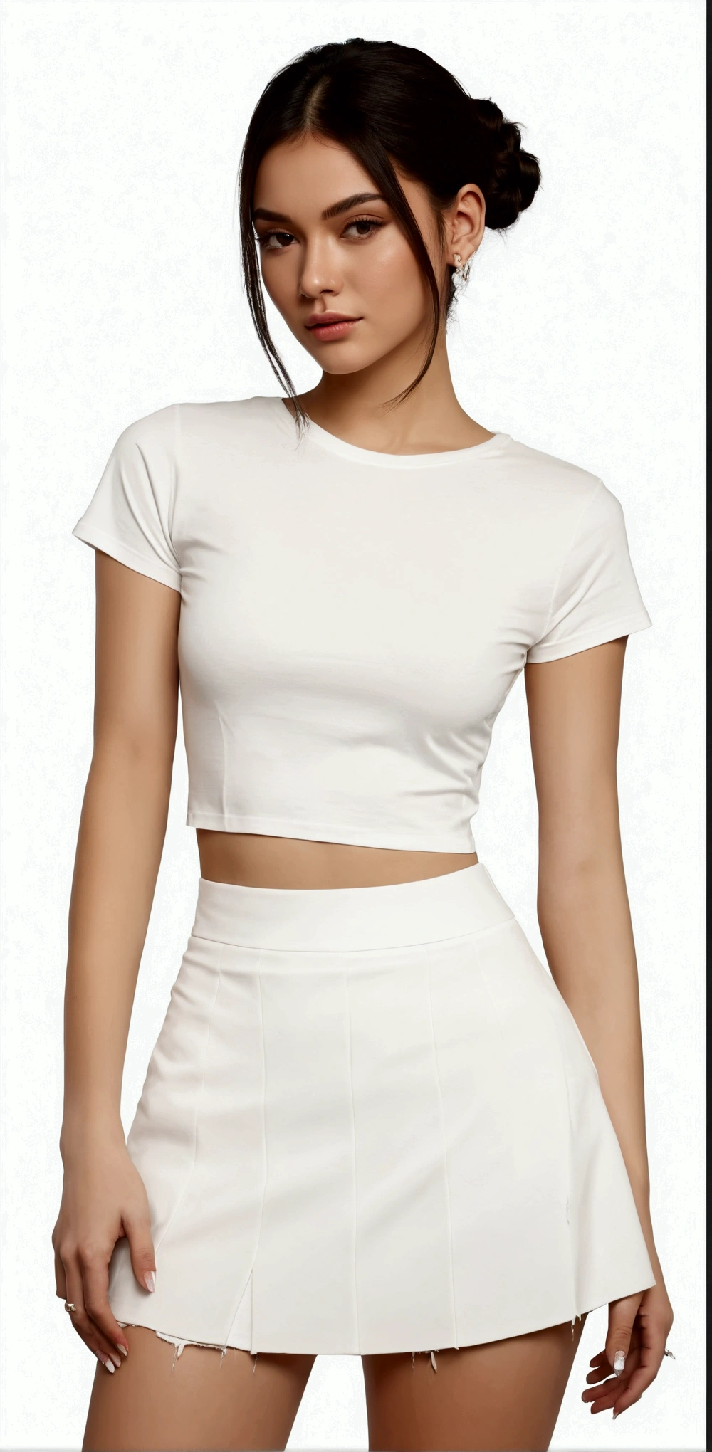 a woman in a White top and skirt posing for a picture, White top, with torn t-shirt, top cut, top cut, wearing a cropped tops, plain and tight white suit, trendy white clothes, casual white clothes, wearing a cropped top, usando um top cropped sexy, wearing top cut, plain white undershirt, white clothes, white undershirt