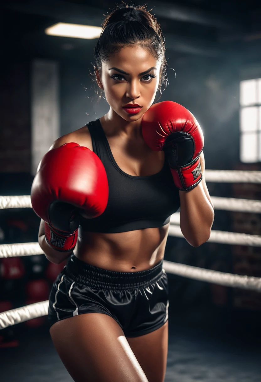 A woman in a boxing ring, wmma. A woman in a black tank top and red boxing gloves. Portrait of a boxer, in a combat pose. His right arm is bent backwards, as if prepared to throw a punch, while his left arm is forward, in a defensive position. She looks intently at her opponent, with a serious and focused expression. fierce expression, sweat on face, boxing gloves, [Realistic], (strong lighting: 1.2), (boxing ring scene: 1.1), (4k resolution. Black sports bra and shorts, boxer gloves, with attentive eyes, boxing stance, waist 1 hyper-realistic real photo, frontal close-up, swinging a boxing glove in front of the camera with passion and anger, preparing to throw a strong punch Completely Arafed woman with green eyes Pose of a. strong, muscular woman, determined expression, fierce look, athletic build, confident pose, beautiful young 25 year old black woman with voluminous dark skin with brown highlights, green eyes, beautiful green eyes, realistic, detailed, ultra-realistic, green eyes. symmetrical, hyper-realistic (eyeliner, long and perfect eyelashes, the nose is small and proportional to the face and the soft contour of the face that accentuates the high cheekbones, attractive and irresistible mouth, full lips, voluminous lips,). seductive lips, captivating black lipstick, striking, unforgettable and enigmatic. The face is oval, with high cheekbones and a well-defined chin, a beautiful and detailed face. Black lipstick, gothic makeup. Skin tone: Olive skin, healthy and even glow, with olive skin, dark skin, sexy girl with olive skin, detailed skin texture, beautiful and glowing skin, intricate details, smooth skin, healthy and radiant appearance. Hourglass body, voluptuous body, slender woman, Huge breasts, well-toned belly, slim waist, Wide hips, big hips, huge butt, thick thighs, Long shapely legs. 50mm lens, f/2.8, hdr, RAW photo (8K), high quality resolution 8K uhd, dslr, 2k, 4K, 8K, 16K.