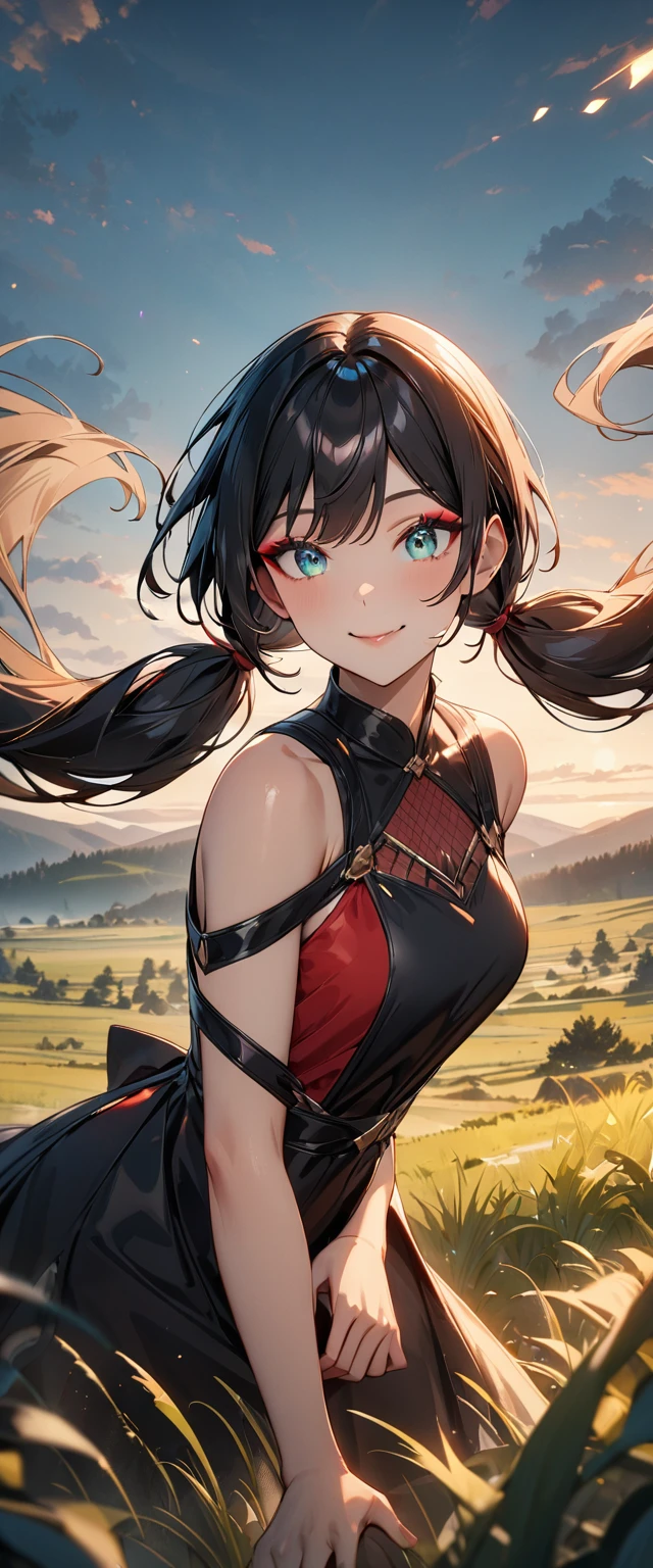 Photo of a woman with natural skin, grassland, Upper Body, Dynamic pose, Smiling, High Twintails, Black hair with red mesh, Sharp eyes with red eyeshadow, Blue-green eyes, Shining eyes, A thin, upturned nose, Well-shaped lips, ((Black off-the-shoulder dress, Thin shoulder straps)), barefoot, Makeup, Exquisitely crafted with the utmost attention to detail, Vibrant, amazing, Smooth, Cinematic, 4K, Backlight, ((綺麗な星空が見える広いgrassland)), Shallow depth of field, ((Detailed eyes:1.3, Detailed lips:1.3, high quality, )), masterpiece, Super detailed images, High quality