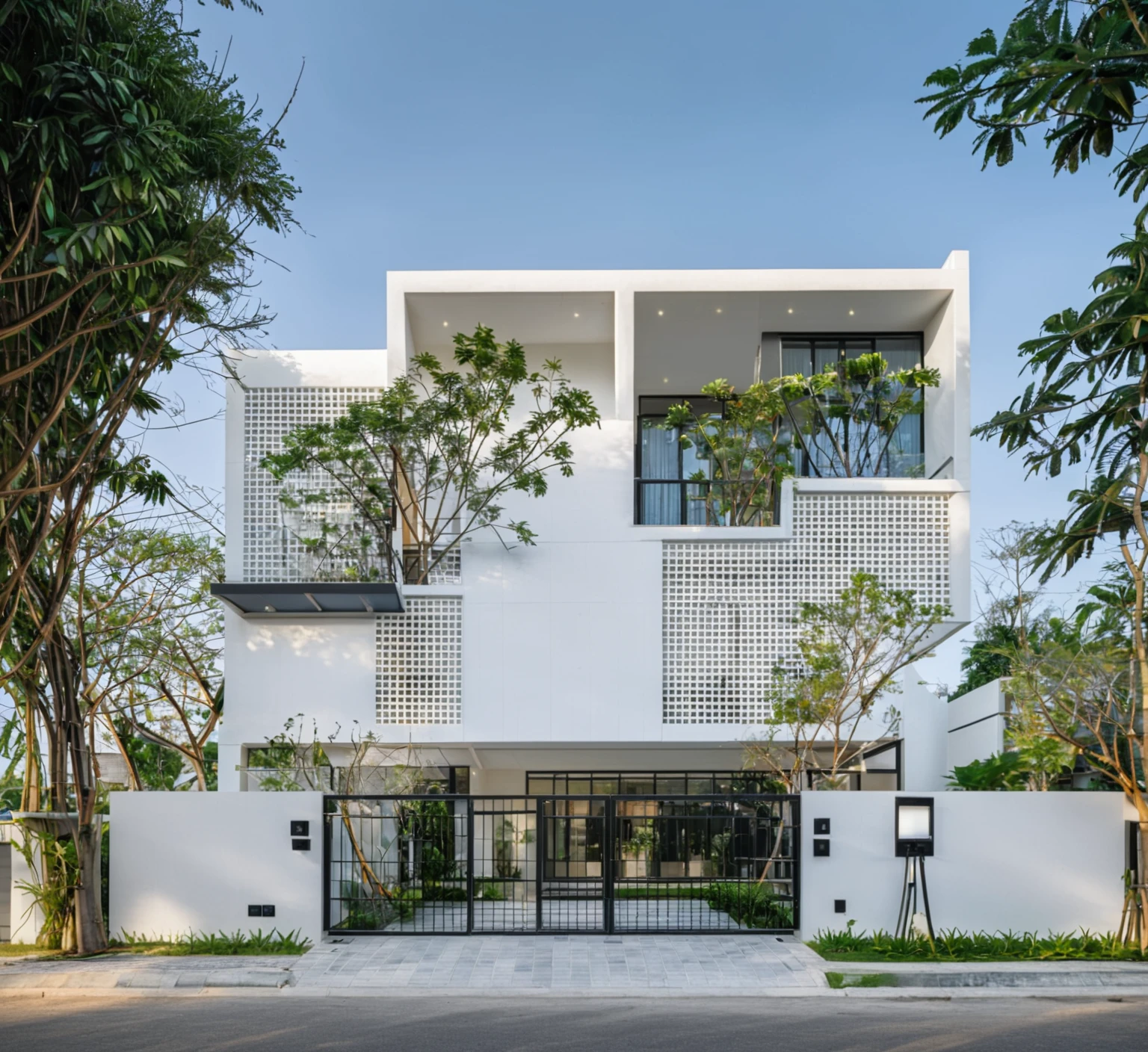 RAW photo , A white minimalism woodandwhite modern house with a double story and simple architecture, surrounded by trees in the yard of Vietnam, featuring a black metal gate and fence, landscape design, natural light, clear sky, blue background, high resolution photography, architectural photography, architectural appearance. The building has square windows made from white ceramic tiles, while the walls feature grid designs, There is also an entrance to another home nearby in the style of architectural photography, road, sidewalk, sidewalk trees, 8k uhd, dslr, soft lighting, high quality, film grain, Fujifilm XT3