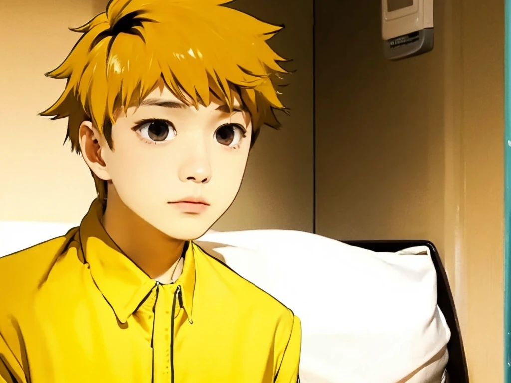 young man of average height with short, messy, dirty blonde hair with brown eyes. He tends to wear bright colored clothes that consist of a yellow varsity jacket