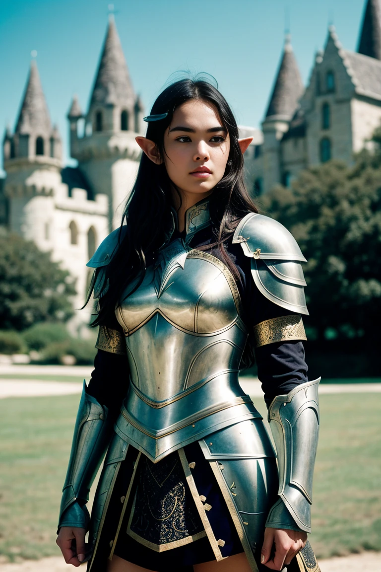 Masterpiece, a beautiful elf knight, Courtney Eaton,bright Eyes, by rubio, wide shoulders, strong body, Pale skin with lots of detail and light freckles., high detailed filigree elf armor, outside, (skin texture:1.1), Best Quality, ultra high resolution, photo and gross, Nikon D850, backlight, rim light, bright sunlight, film grain:1.2, (warm tone, warm tone:1.2), (color photo), fantasy castle background