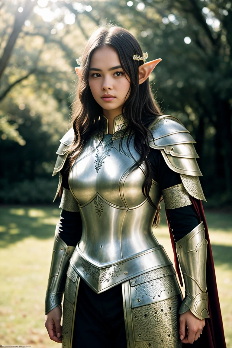 Masterpiece, a beautiful elf knight, Courtney Eaton,bright Eyes, by rubio, wide shoulders, strong body, Pale skin with lots of detail and light freckles., high detailed filigree elf armor, outside, (skin texture:1.1), Best Quality, ultra high resolution, photo and gross, Nikon D850, backlight, rim light, bright sunlight, film grain:1.2, (warm tone, warm tone:1.2), (color photo), fantasy castle background