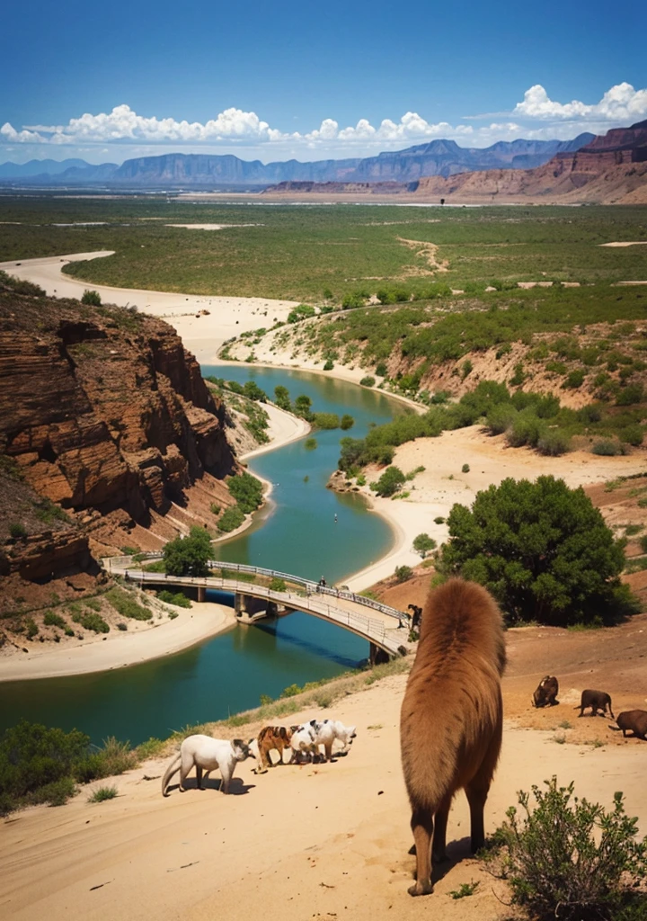 Animals gathering around a desert oasis.