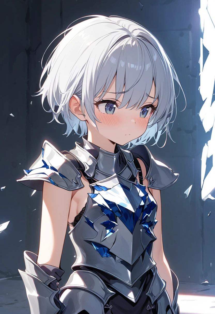 Girl, silver hair, short hair, boyish, shy, small breasts, knight's armor, shattered armor, (armor is shattered and bra is visible,)