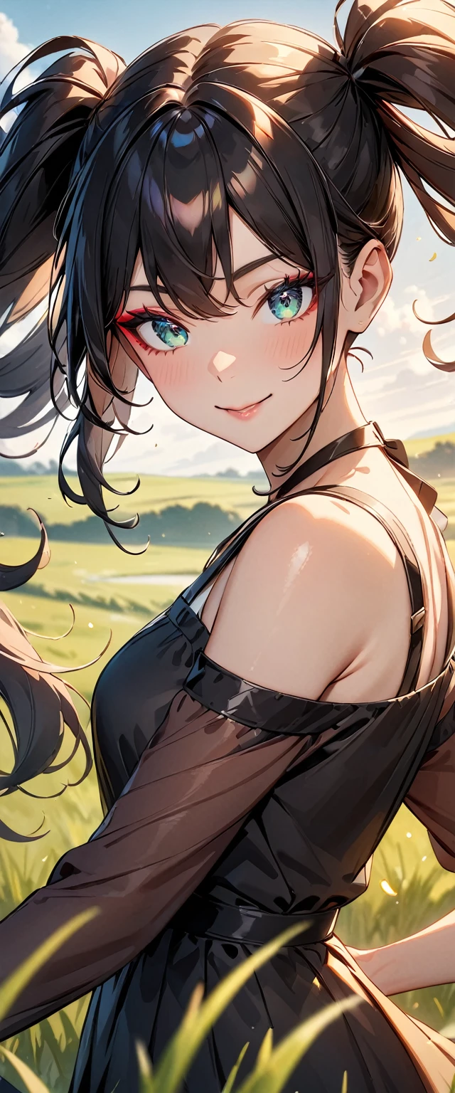 Photo of a woman with natural skin, grassland, Upper Body, Dynamic pose, Smiling, High Twintails, Black hair with red mesh, Sharp eyes with red eyeshadow, Blue-green eyes, Shining eyes, A thin, upturned nose, Well-shaped lips, ((Black off-the-shoulder dress, Thin shoulder straps)), barefoot, Makeup, Exquisitely crafted with the utmost attention to detail, Vibrant, amazing, Smooth, Cinematic, 4K, Backlight, ((綺麗な星空が見える広いgrassland)), Shallow depth of field, ((Detailed eyes:1.3, Detailed lips:1.3, high quality, )), masterpiece, Super detailed images, High quality