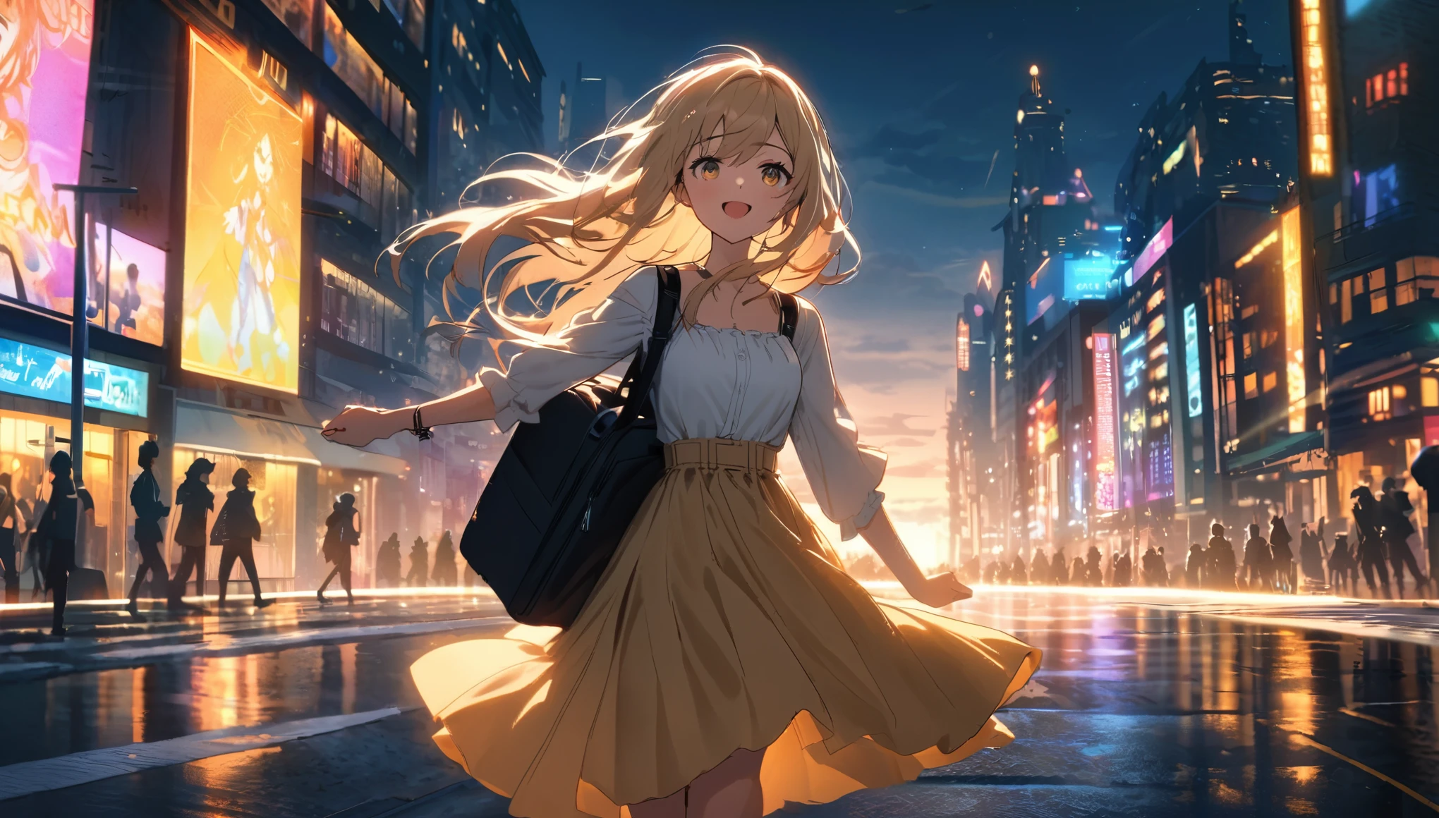 An anime girl walking confidently through a bustling city street at sunrise, holding a guitar case in one hand. She is wearing a casual yet stylish outfit, with a joyful and determined expression on her face. Her hair flows gently in the morning breeze as she moves through the cityscape. The background features tall buildings, neon signs, and the vibrant energy of the city coming to life. The streets are filled with the first light of dawn, casting a warm, golden hue over everything, symbolizing new beginnings and endless possibilities. The girl is surrounded by the hustle and bustle of city life, yet she stands out with her unique presence and passion. The atmosphere is filled with a sense of excitement, adventure, and the thrill of chasing dreams, with dynamic lighting highlighting her journey. The overall mood is one of resilience, freedom, and the unstoppable pursuit of dreams in an urban environment.
