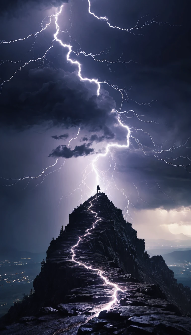 Dark fantasy world view.top of the mountain.Lightning in the shape of a person.storm