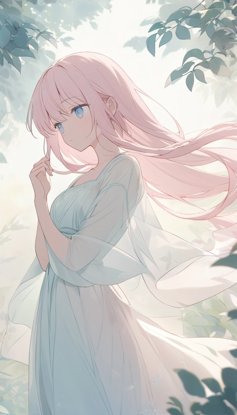 A serene anime-style character with long, light pink hair that flows gently in the wind. The character has a calm and thoughtful expression, with soft blue eyes looking slightly downward. They are wearing a flowing, light-colored dress that appears to be made of a sheer, delicate fabric. The background features subtle foliage and a soft, pastel color palette, adding to the tranquil and ethereal atmosphere of the scene.