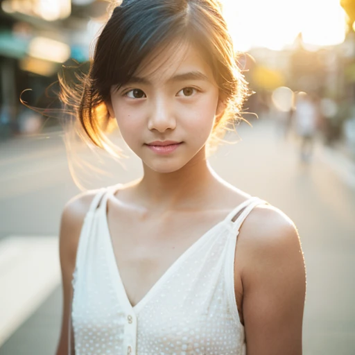 lens: 135mm f1.8,(Highest quality),(Tabletop:1.1), (Beautiful 14 year old Japanese girl), (Moist lips), Narrow eyes, double eyelid,Delicate clavicle,Flat Chest,Shortcuts, shame, A faint smile,
(Spotted sunlight:1.2), Dramatic lighting,
(White camisole), (Sunburned skin:0.2),Full body photo、Full Body Focus