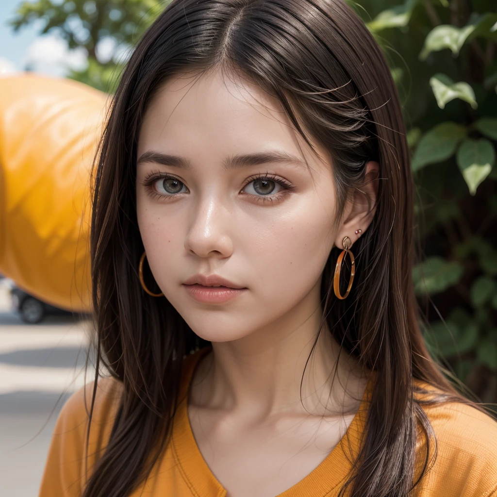 (8K, Best Quality, Photorealistic), indigenous style girl walking on, orange outfit tones. Orange Leafe ear ring. Orange Top. Seios grandes, lindos olhos delicados. Pintura v na face. Far distance:1.6.