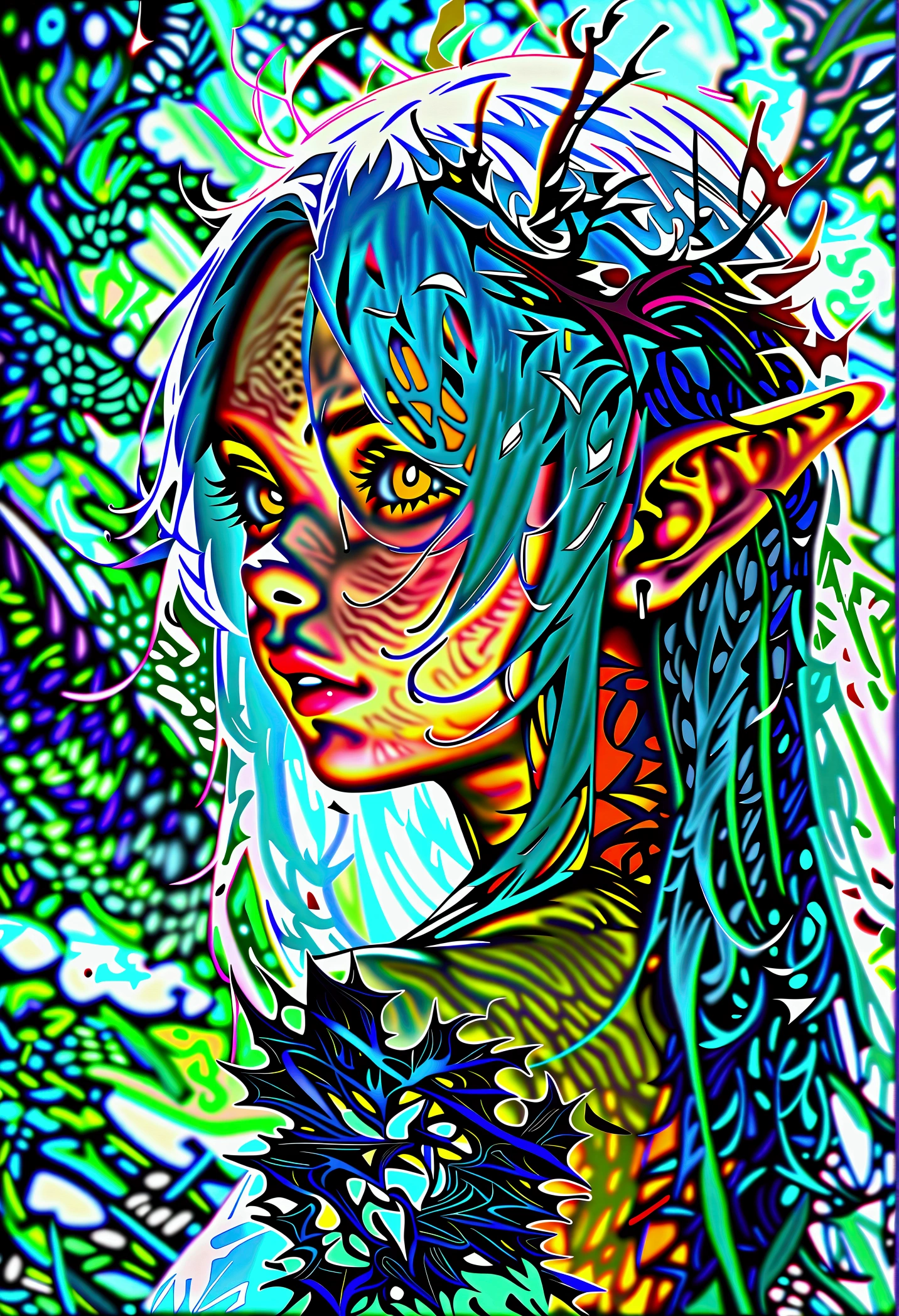 (masterpiece, top quality, best quality, official art, beautiful and aesthetic:1.2), (1girl), extreme detailed,(fractal art:1.3),colorful,highest detailed, cute young girl, light blue hair, long hair, small braids hair, yellow eyes, elf ears, dragon tail, dragon thorn, muscular body, small breast, light blue dress