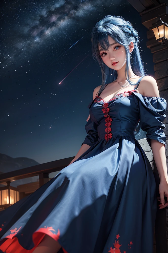 Ultra HD、Blue haired girl character、Cute big eyes、Red burning cheeks、Night scene with starry sky background、Wearing a gorgeous dress、Subtle details、A fantastic atmosphere、Anime style