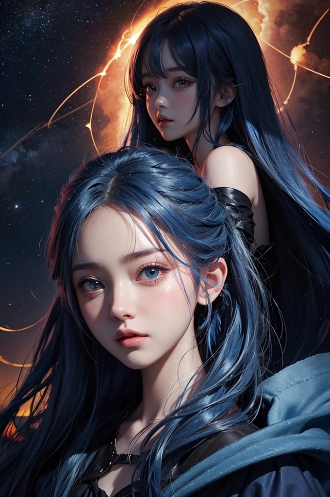 Ultra HD、Blue haired girl character、Cute big eyes、Red burning cheeks、Night scene with starry sky background、Wearing a gorgeous dress、Subtle details、A fantastic atmosphere、Anime style