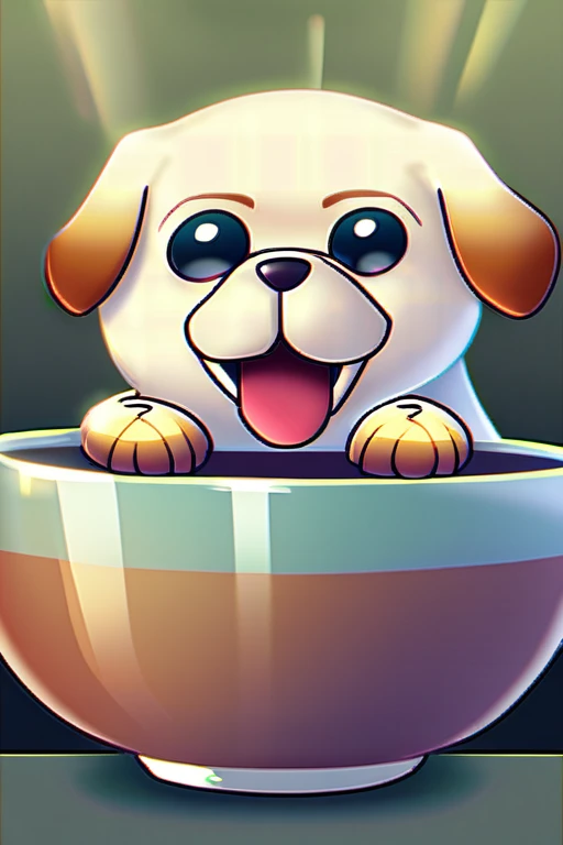 ((Лучшее качество)), ((шедевр)), (подробный), Funny dog eats from a bowl