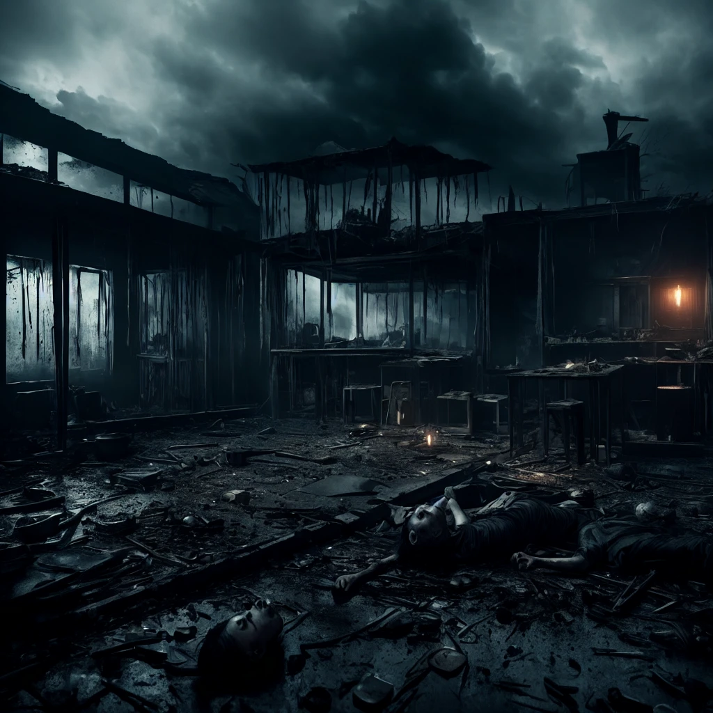 a dark and ominous scene, hyper-realistic horror, visceral and unsettling, extremely detailed, dramatic lighting, grungy and gritty, sinister atmosphere, unsettling shadows, muted colors, high contrast, intense chiaroscuro, ominous clouds, haunting and macabre, twisted and disturbing, nightmarish and surreal, paranormal and supernatural, occult and esoteric, extreme graphic violence, disturbing imagery, intense and gory, visceral and intense, terrifying and spine-chilling, cinematic and dramatic, best quality, 8k, highres, masterpiece