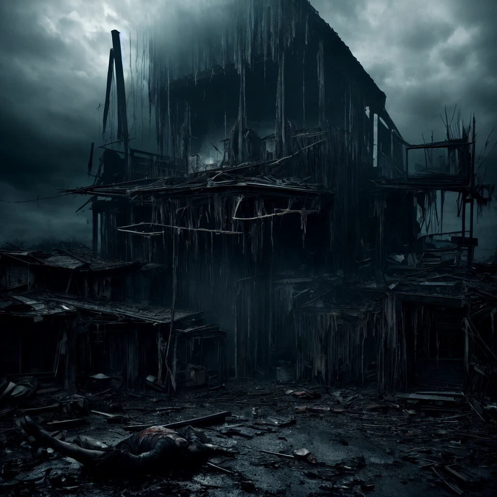 a dark and ominous scene, hyper-realistic horror, visceral and unsettling, extremely detailed, dramatic lighting, grungy and gritty, sinister atmosphere, unsettling shadows, muted colors, high contrast, intense chiaroscuro, ominous clouds, haunting and macabre, twisted and disturbing, nightmarish and surreal, paranormal and supernatural, occult and esoteric, extreme graphic violence, disturbing imagery, intense and gory, visceral and intense, terrifying and spine-chilling, cinematic and dramatic, best quality, 8k, highres, masterpiece