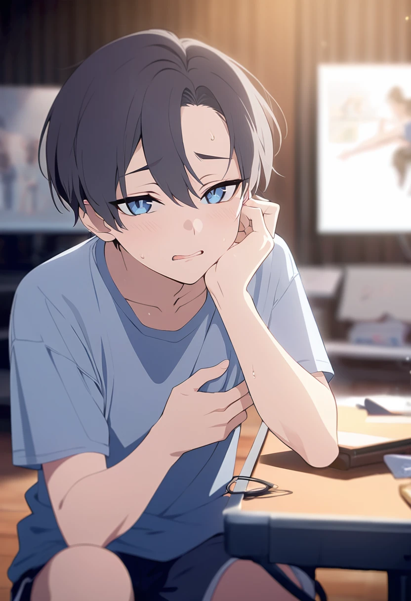 masterpiece,best quality,depth of field,8K,looking at the viewer,dark gray hair,blue eyes,male,t-shirt,shorts,studio,an absurd expression,caressing the cheek,(charismatic eyes 1:1),wseifuku,chic