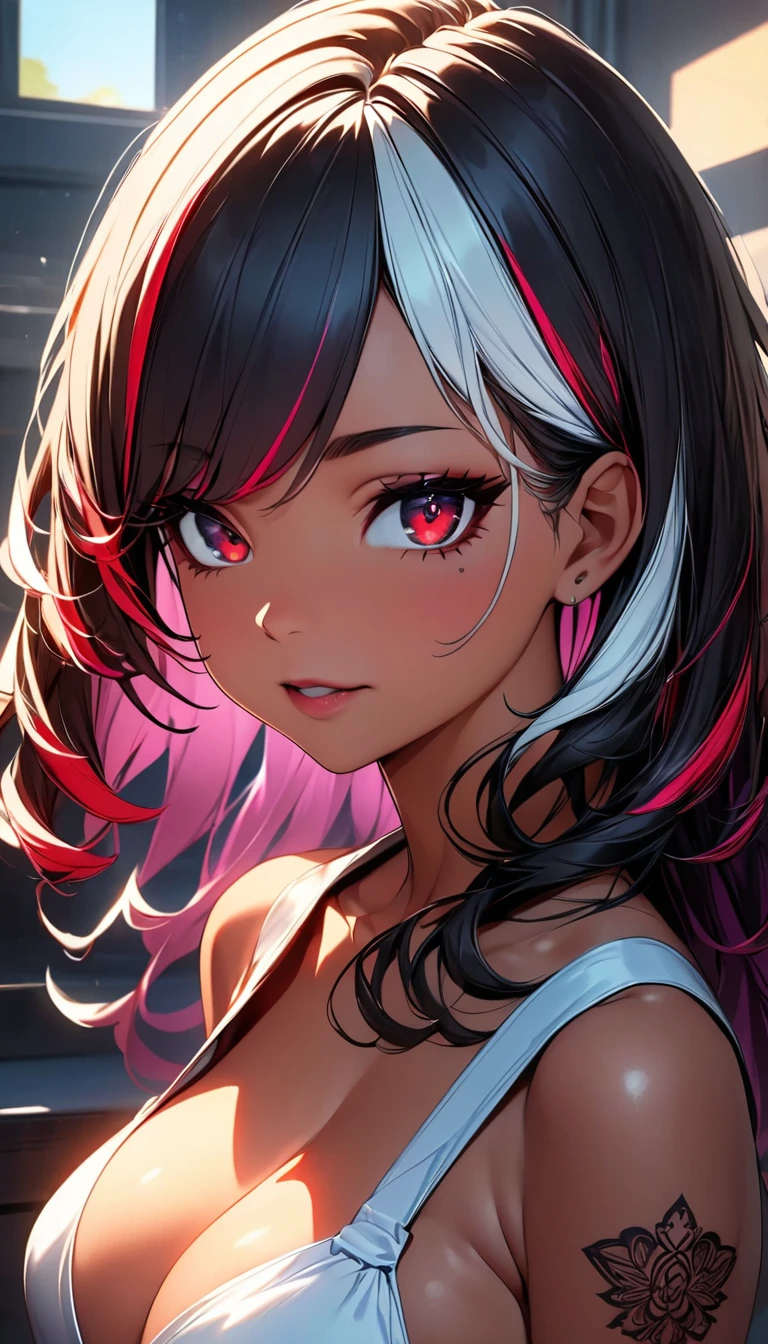 (highest quality:1.2, Very detailed, up to date, Vibrant, Ultra-high resolution, High Contrast, masterpiece:1.2, highest quality, Best aesthetics), Portraiture、girl、singer、Bright colors、Beautiful fine details、Beautiful lip detail、midium wave hair、red and white ((streaked hair:1.6)), highlights hair: 1.5, red eyes, slim body, middium breast, (tan skin:1.1), ((Wrapping a bath towel around naked body after taking a bath:1)), soft and thick bath towel, living room, (Floral Fineline tattoo design on left arm:1),, (cowboy shot:1),