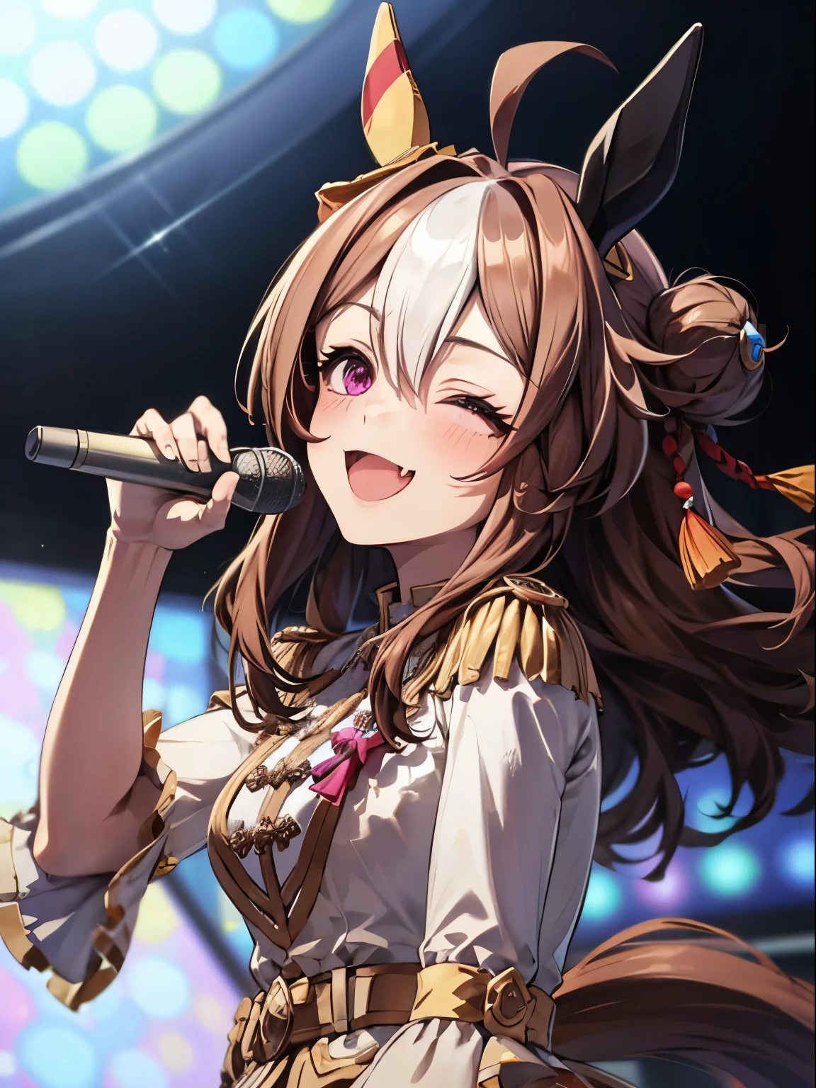 copano rickey \(umamusume\), 1 girl, Solo, Cute Girl,Best Quality, Ultra-detailed, 8K, High resolution, detailed face, road of radiance, smile, ;d, singing, microphone,