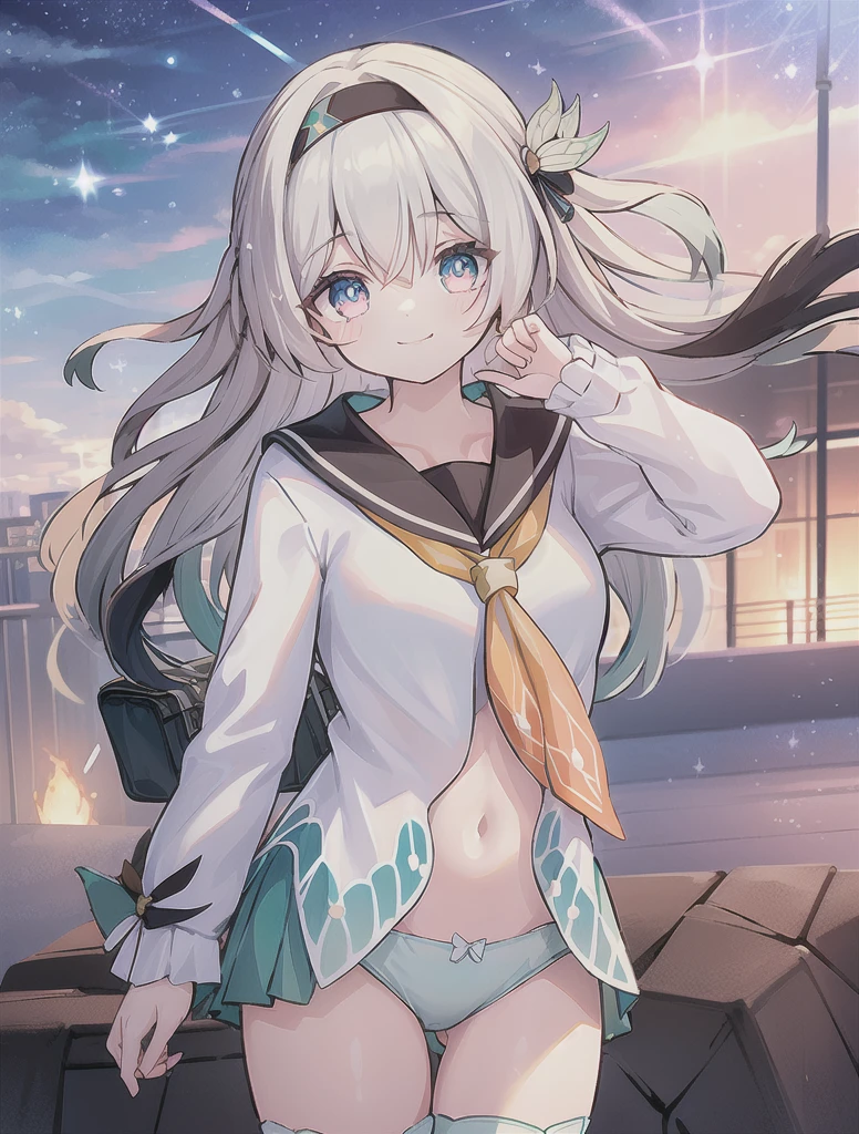(high_quality), (masterpiece), highres, ï¼firefly \(honkai: star rail\), 1girl, solo, long hair, smile, blue eyes, closed mouth, looking at viewer, outdoors, bangs, (long sleeves), hair ornament, hairband, hair between eyes, cloudy sky, blue sky, star \(sky\), night sky, white hair, (cowboy_shot), (white blouse), [[blouse]],railing,serafuku,sailor_suit,school_uniform,yellow_neckerchief,sailor_collar,navel,(((no_pants,green_panties))),bowleg