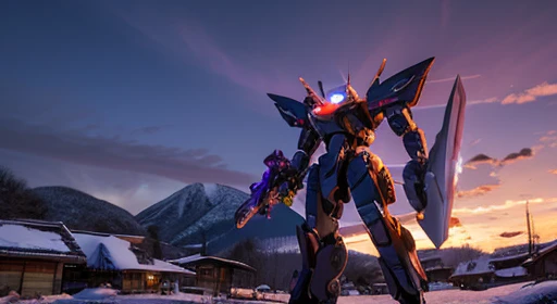 Mecha, Have a weapon, 他のMechaとの戦い, Mountain village background, Purple sunset sky