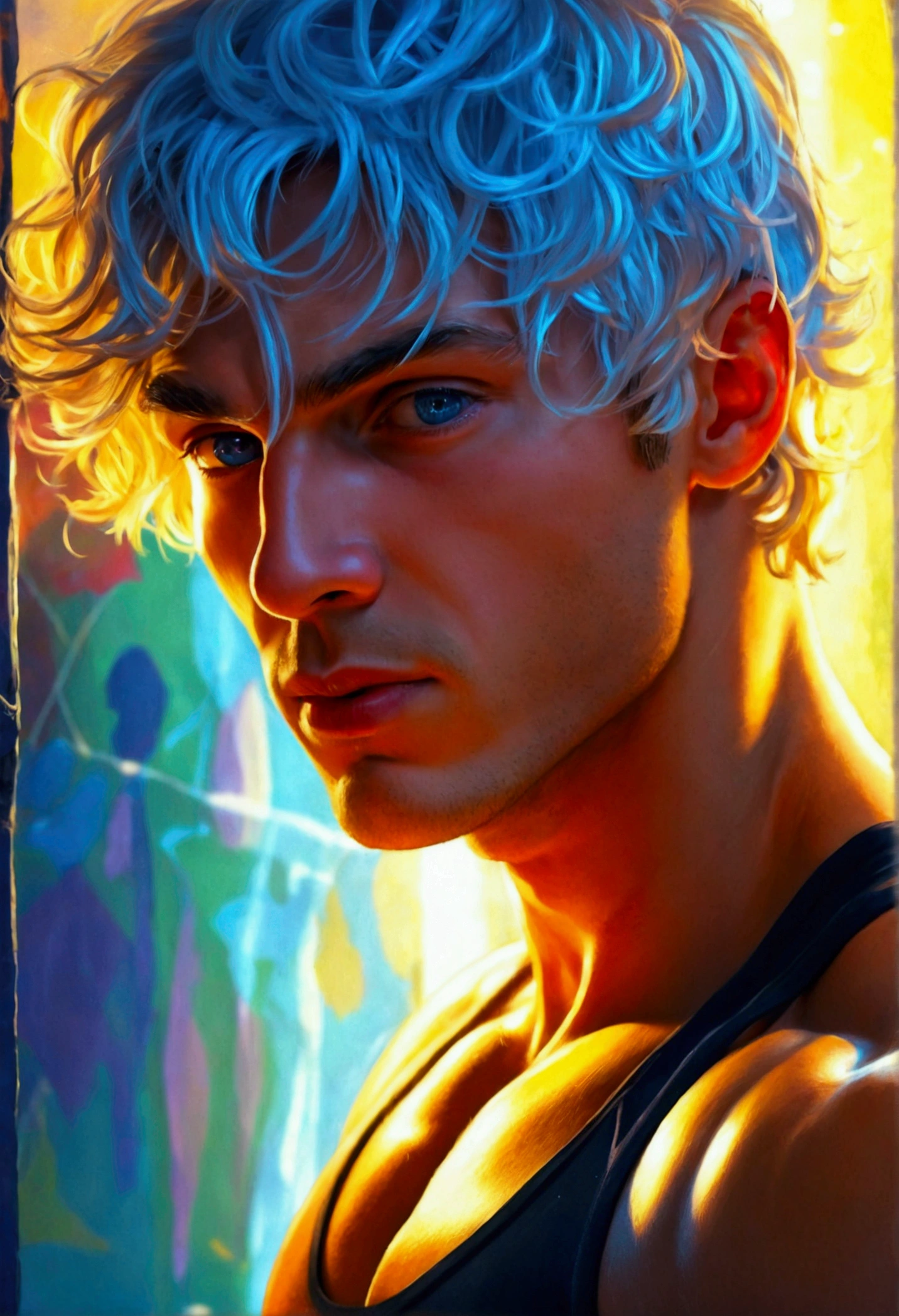 ((Best Quality)), ((Masterpiece)), (detailed), 1 Russian man, 25 years old, light eyes, tez blanca, blonde hair, stocky and muscular build like that of a bodybuilder, marked jaw, He wears tight boxers and notices his big bulge., a height of more than two meters, with a huge hard and detailed cock