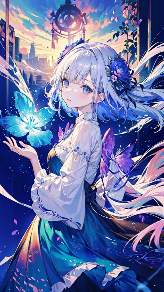 Highest quality,masterpiece,colorful,The background is the World Tree,Transparency,Use HDR technology to create a sense of depth,beautiful,beautiful自然,Five-year-old girl in a rainbow flower dress,Narrow and gentle eyes,mysterious,Silver hair decorated with blue flowers,Fantasy atmosphere,beautiful虹色の蝶々is flying in the air