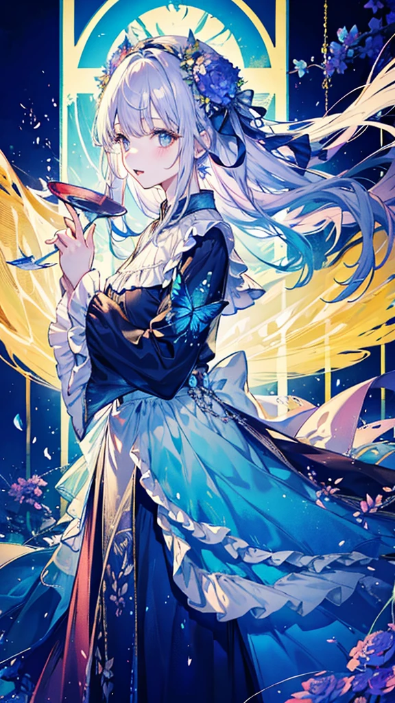 Highest quality,masterpiece,colorful,The background is the World Tree,Transparency,Use HDR technology to create a sense of depth,beautiful,beautiful自然,Five-year-old girl in a rainbow flower dress,Narrow and gentle eyes,mysterious,Silver hair decorated with blue flowers,Fantasy atmosphere,beautiful虹色の蝶々is flying in the air