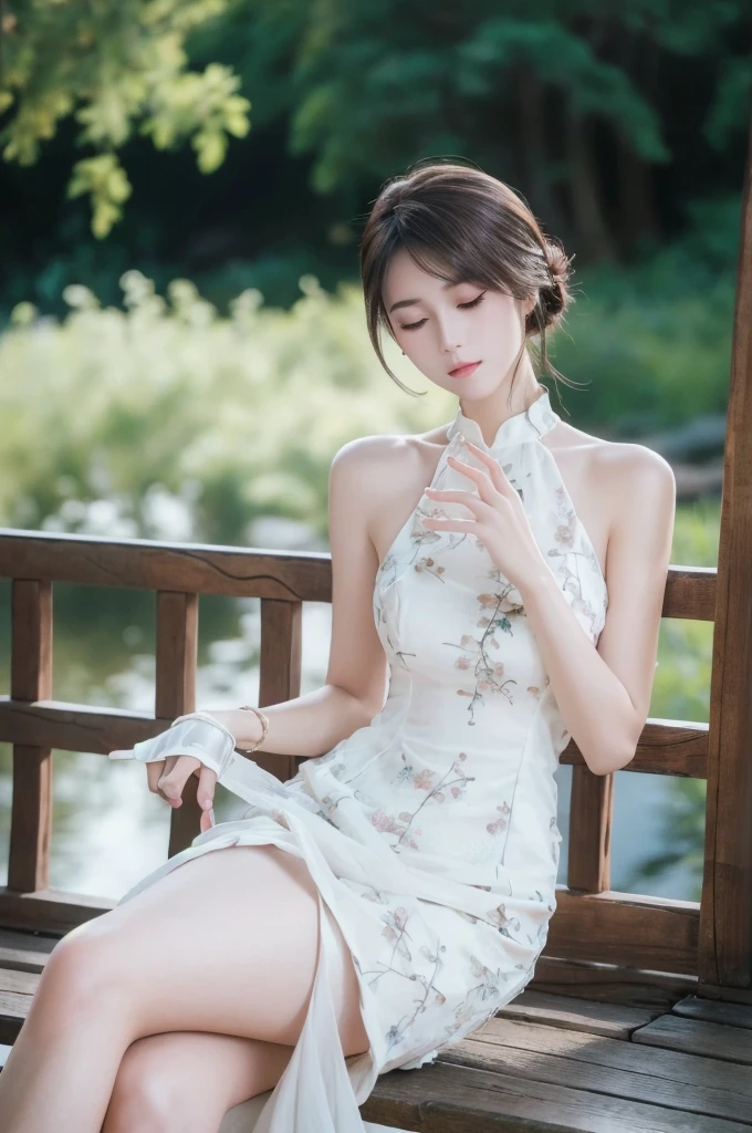 1girl, blurry, sitting, blurry_background, tree, solo, dress, bracelet, jewelry, day, white_dress, closed_eyes, brown_hair, gloves, depth_of_field, white_gloves, lips, bare_shoulders,extremely detailed CG unity 8k wallpaper,masterpiece, best quality, ultra-detailed, beautiful detailed eyes:1.2,best illumination, (best shadow, an extremely delicate and beautiful, bloom),(masterpiece:1,2), best quality, masterpiece, highres, original, extremely detailed wallpaper, perfect lighting,(extremely detailed CG:1.2), drawing, paintbrush,