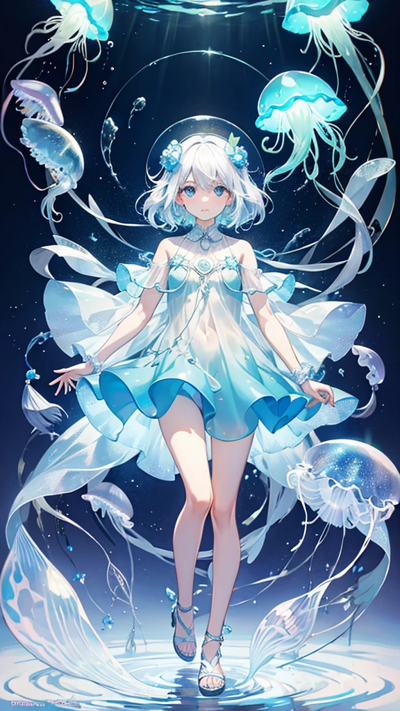 girl、Transparent jellyfish、Surrounded by iridescent jellyfish、Transparent