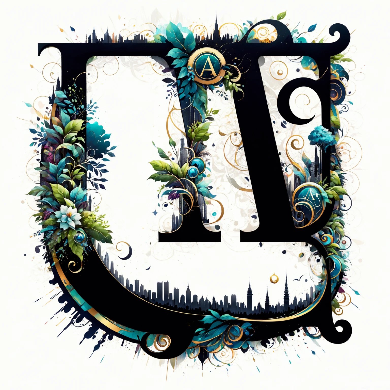 A large picturesque letter A surrounded by urban patterns and an urban-style ornament, the entire background around the symbols is covered with architectural patterns, in detail, in detail. clear, beautiful, maximum texture smoothing, extremely difficult