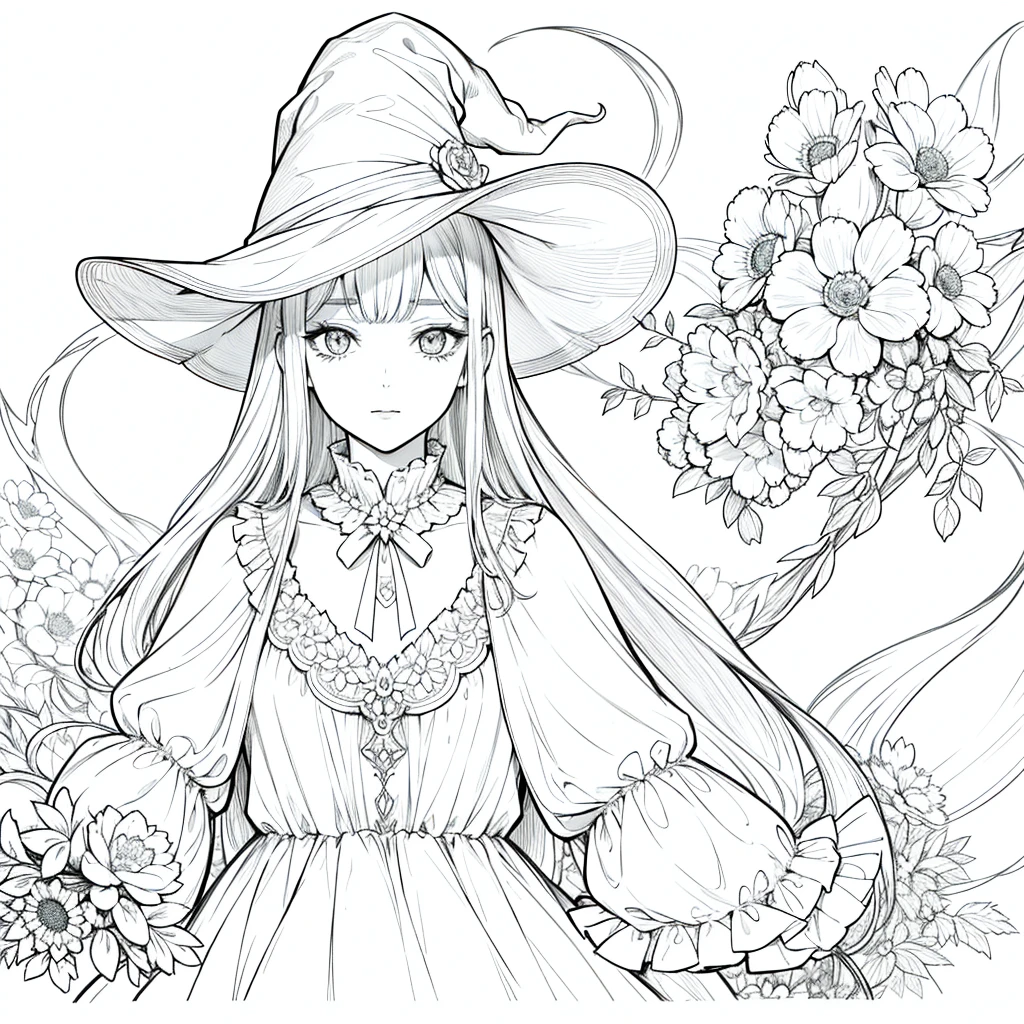 masterpiece, Top-class, Beautiful young witch, woman , only, Halloween Lindo , flower Line art background, White Background, Monochrome, Line art, ((sketch)), Spooky, Gato blanco con White eyes, White eyes