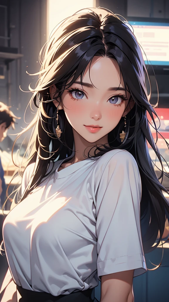 Dressed, smile,A happy atmosphere, (Improving the lighting quality of movies:0.9), 32k, One girl,20 year old girl, Realistic lighting, Backlight, Light on the face, Ray-tracing, (Bright light:1.2), (Improvement of quality:1.4), (Highest quality real texture skins:1.4), Detailed drawn eyes, Detailed painted face, Quality Eyes, (joy, blush), (Tired, sleepy and satisfied), Face close-up, T-Shirts, (Enhance the mood of your body line:1.1), (Enhances the beauty of skin texture:1.1)