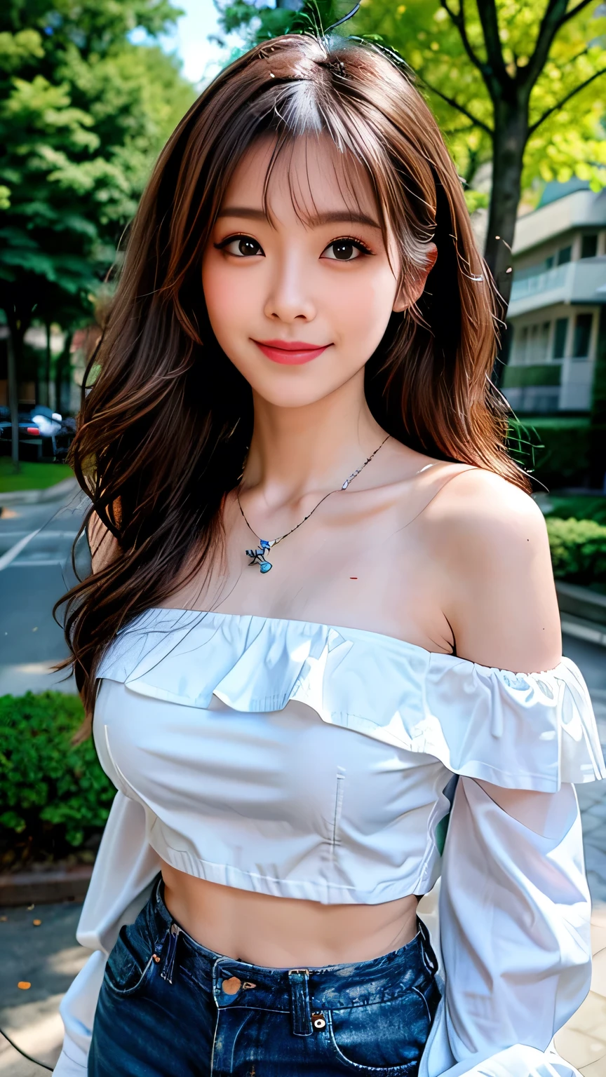 seed;88117315,((Full Body Angle))、Front hair:1.3))、((Highest quality, 8K, masterpiece: 1.3)), concentrated: 1.2, Cute girl 1,Nipples erect、 Perfect beauty: 1.4,Summer off-the-shoulder cropped T-shirt、Letter Print、Shorts: 1.2,Long sleeve、Randall Color、comics&Text Graphics、Black ruffle-trimmed drawstring zip blouse,1.1, Highly detailed face and skin textures, Fine grain, double eyelid, whitening skin, ,Highest quality,Ultra-high resolution,you,1 girl,alone,_Shiny_skin,Iris,necklace,((brown_length_Wavy_hair)),(lips)),eyelash,Front hair,deal with,compensate,Shiny,pore,skin,Large Breasts、((smiling face))、stroll、