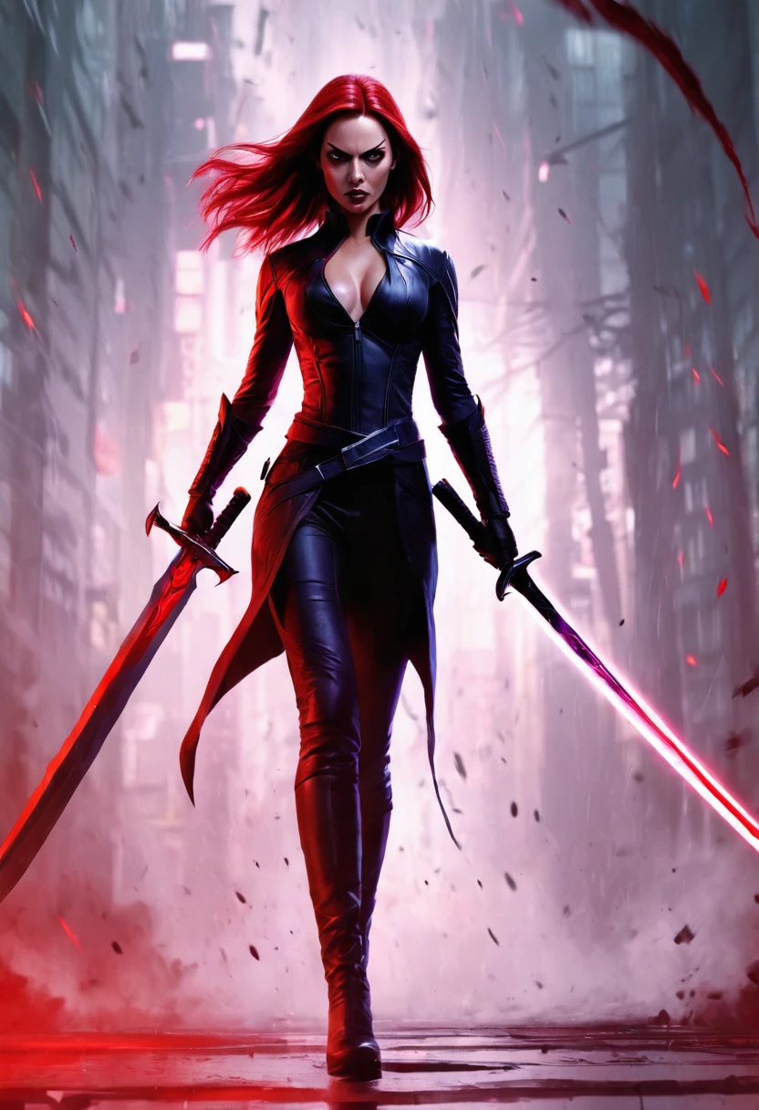 Cinematic portrait of a woman's sinister transformation, wielding a obsidian blade engulfed in crimson aura. Dramatic chiaroscuro lighting accentuates her menacing silhouette. Dynamic pose captures mid-strike tension. Ultra-high resolution reveals intricate details: pulsing veins, swirling energy tendrils, and blade's razor edge. Moody color palette contrasts deep blacks with vibrant crimsons and subtle purple undertones. Low-angle shot emphasizes power and otherworldly presence against a turbulent, shadow-drenched background.