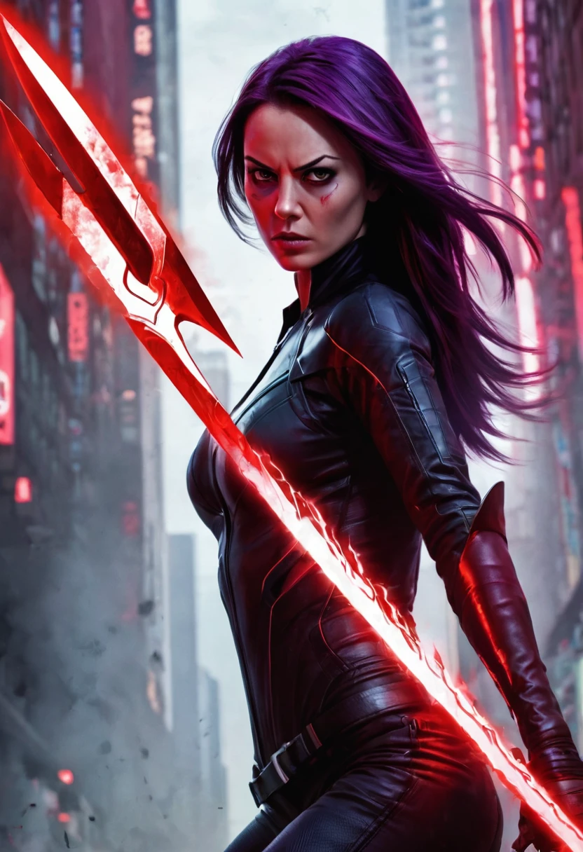 Cinematic portrait of a woman's sinister transformation, wielding a obsidian blade engulfed in crimson aura. Dramatic chiaroscuro lighting accentuates her menacing silhouette. Dynamic pose captures mid-strike tension. Ultra-high resolution reveals intricate details: pulsing veins, swirling energy tendrils, and blade's razor edge. Moody color palette contrasts deep blacks with vibrant crimsons and subtle purple undertones. Low-angle shot emphasizes power and otherworldly presence against a turbulent, shadow-drenched background.