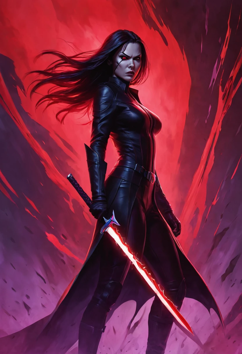 Cinematic portrait of a woman's sinister transformation, wielding a obsidian blade engulfed in crimson aura. Dramatic chiaroscuro lighting accentuates her menacing silhouette. Dynamic pose captures mid-strike tension. Ultra-high resolution reveals intricate details: pulsing veins, swirling energy tendrils, and blade's razor edge. Moody color palette contrasts deep blacks with vibrant crimsons and subtle purple undertones. Low-angle shot emphasizes power and otherworldly presence against a turbulent, shadow-drenched background.