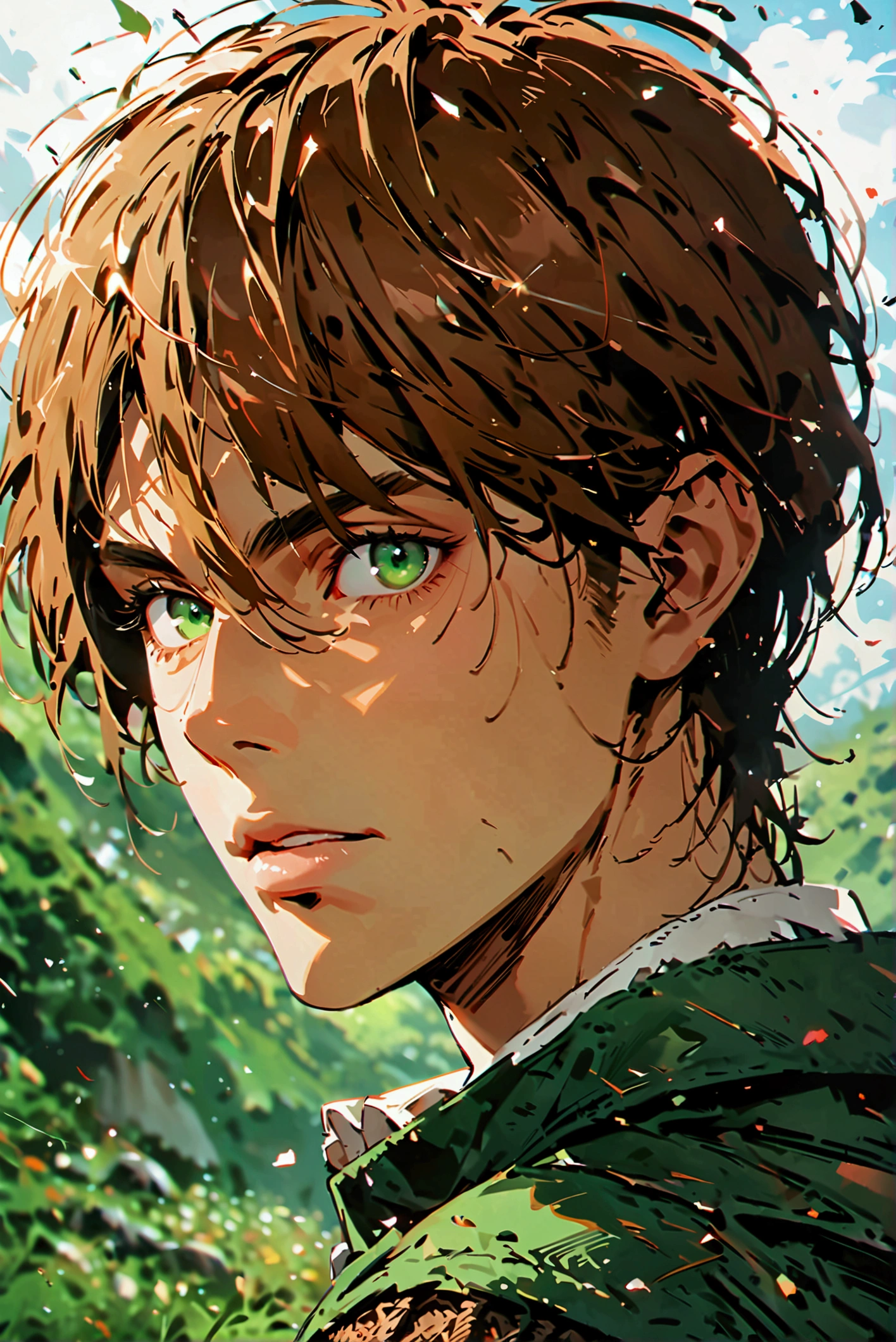 Handsome man in his 20s with long brown hair(1 male,Ellen Yeager)Green Eyes,Attack on Titan,,Intricate details,Wide range of colors,artwork,rendering,(masterpiece:1.3),(Highest quality:1.4),(Very detailedな:1.5),High resolution,Very detailed,unity 8k wallpaper,Decadent,Achieve smooth design