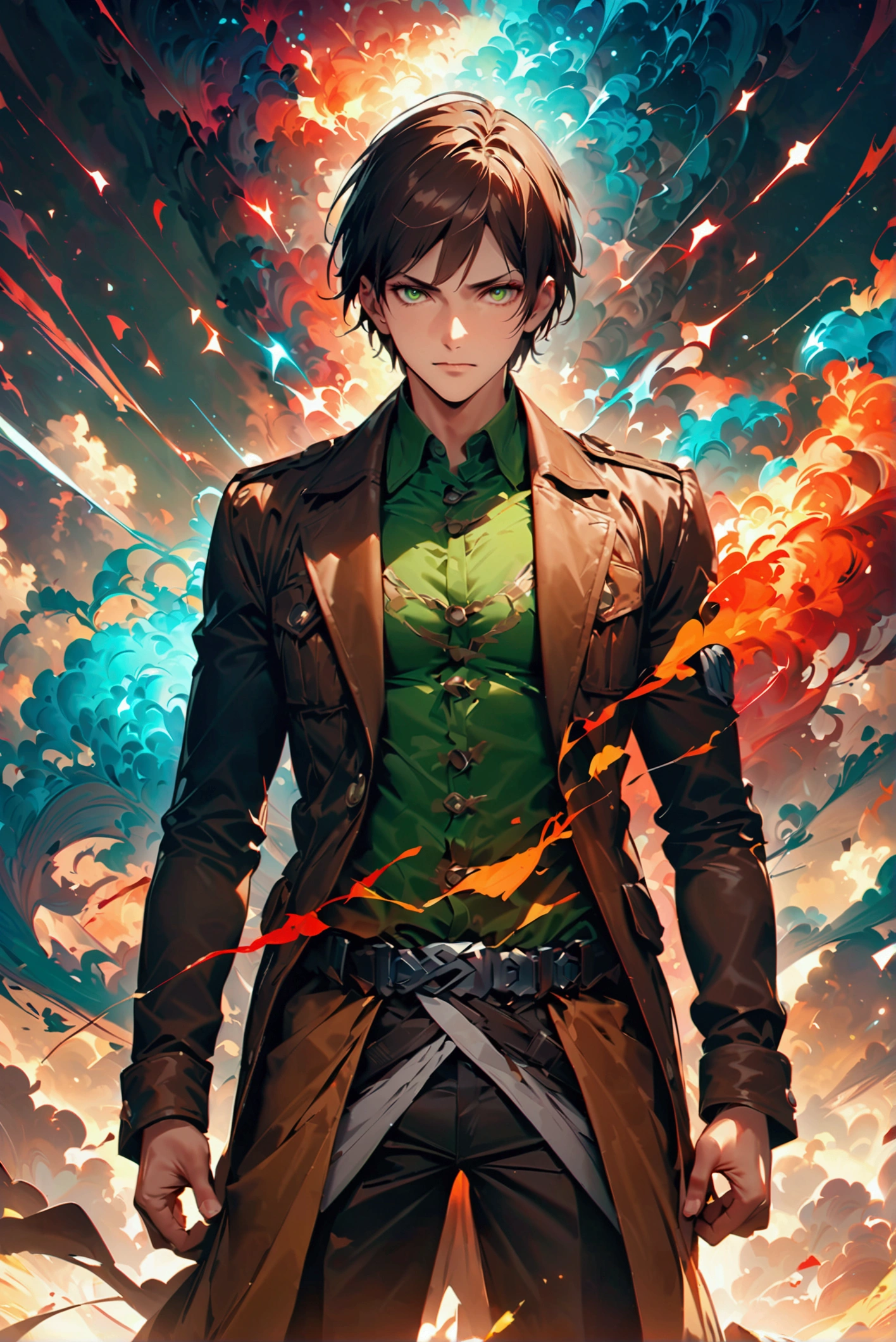 Handsome man in his 20s with long brown hair（1 male,Ellen Yeager）Green Eyes,Attack on Titan,,Intricate details,Wide range of colors,artwork,rendering,(masterpiece:1.3),(Highest quality:1.4),(Very detailedな:1.5),High resolution,Very detailed,unity 8k wallpaper,Decadent,Achieve smooth design