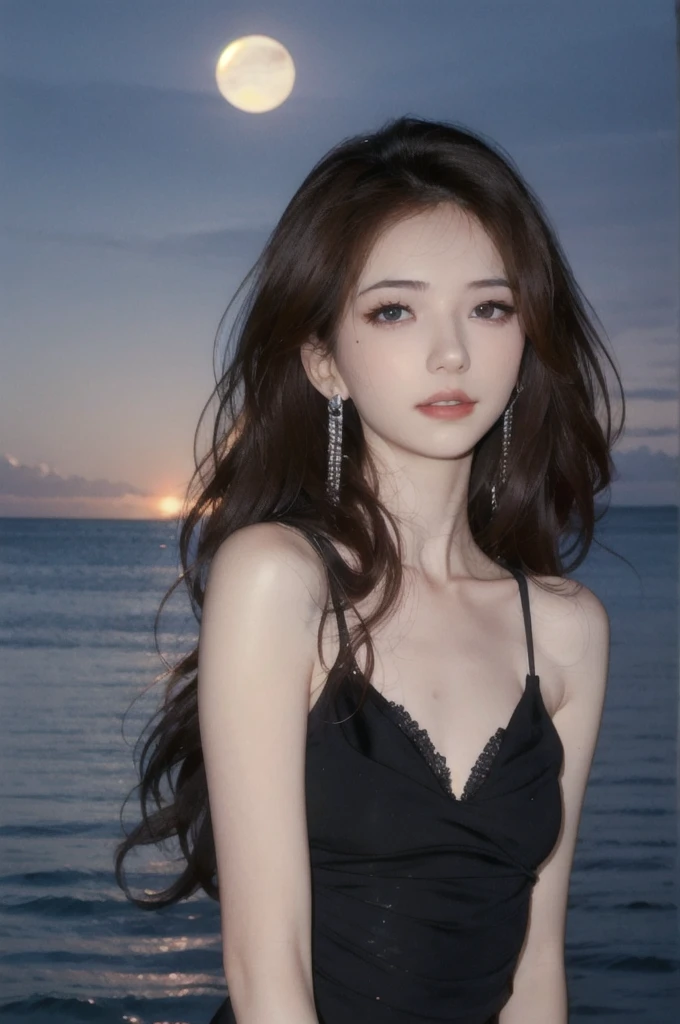 1girl, high quality, masterpiece, standing, looking at viewer, mole, black dress, see-through, lace trim ,upper body,ocean, small breasts, mole, parted lips, night, crescent, dim light,