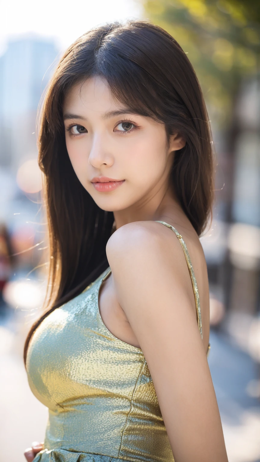 ((Best quality, 8K, masterpiece:1.3))，1girl，18 years old，Asian，Real texture:1.3，(Background blur:1.1)，Dress Up，Tall and slender figure:1.2，(Hot summer weather)，（street:1.3），Highly detailed face and skin textures，Exquisite eyes，Long eyelashes，Double eyelids，Skin Whitening，happy，Various postures，Big breasts