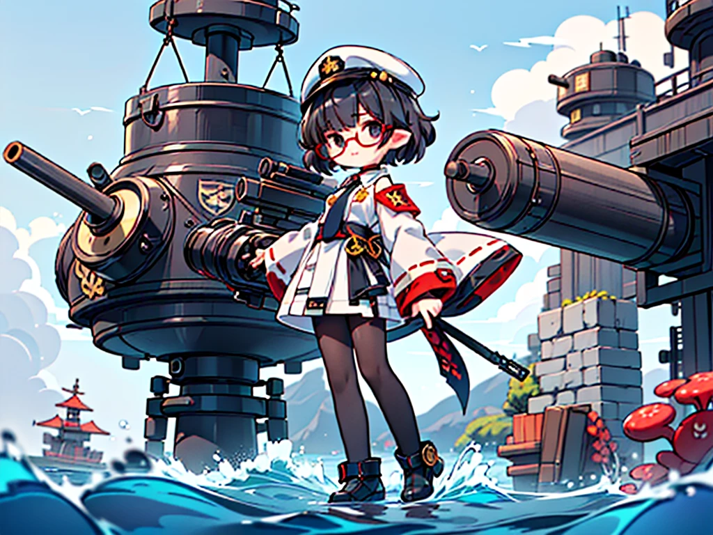 (((masterpiece, Vision))), ((((Full body of a woman with perfect flat chest、1 Female、solo、Short unkempt black hair、Tie your messy hair at the nape of your neck、white military jacket、Miko costume、black tights、Black glasses are black、White military cap、Cloudy black eyes、Confused eyes、Junyo-inspired emblem)))), (((Shipgirl))), ((Floating on the morning sea with both feet)), (Standing with your legs apart)), Aim, (Hold the shotgun turret grip with your right hand), (Four white armored mechanical tentacles extending from its back), (Mechanical tentacles holding machine guns), (Equipped with a bridge on the back), (His left arm holds the grip of a triple machine gun),