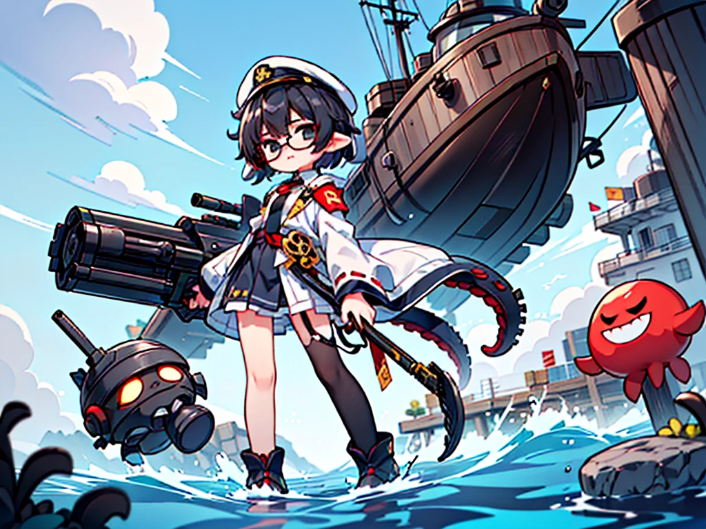 (((masterpiece, Vision))), ((((Full body of a woman with perfect flat chest、1 Female、solo、Short unkempt black hair、Tie your messy hair at the nape of your neck、white military jacket、Miko costume、black tights、Black glasses are black、White military cap、Cloudy black eyes、Confused eyes、Junyo-inspired emblem)))), (((Shipgirl))), ((Floating on the morning sea with both feet)), (Standing with your legs apart)), Aim, (Hold the shotgun turret grip with your right hand), (Four white armored mechanical tentacles extending from its back), (Mechanical tentacles holding machine guns), (Equipped with a bridge on the back), (His left arm holds the grip of a triple machine gun),