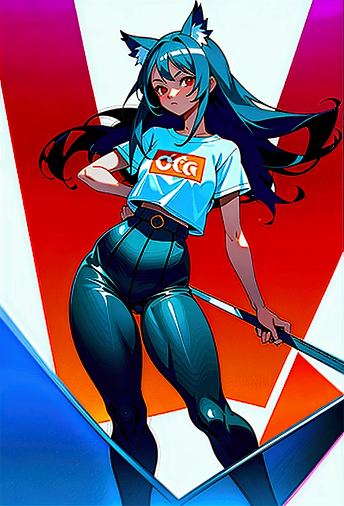 digital art drawing, illustration of (An Original Generic Character (OGC) with black hair styled in a disheveled manner, resembling the color of coal. Her long hair reaches her waist, framing it in a way that makes her appear slightly unkempt. The OGC has a noticeable curvy and muscular, adding a touch of character and intrigue to her appearance. The OGC is tall. The OGC has black wolf ears and a black wolf tail. The OGC has red eyes, giving her a splash of color. The OGC has brown skin because she is a black person. The OGC has a curvy body and is a bit muscular. She is dressed casually in a T-shirt and black pants, accessorized with a pair of worn sneakers.), anime drawing/art, bold linework, illustration, cel shaded, painterly style, digital art, best quality, masterpiece, 1girl, neat hands,