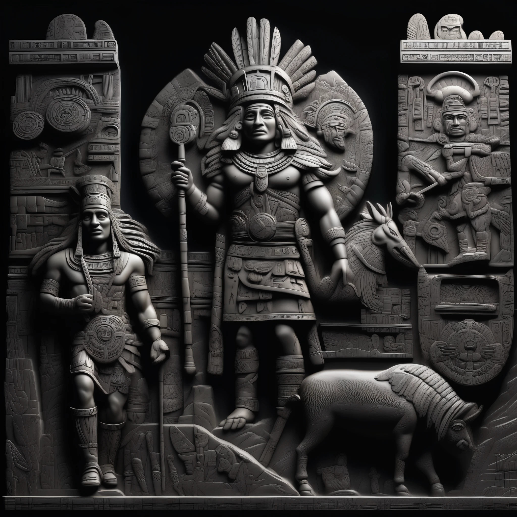 a detailed low relief sculpture of Inca and Aztec gods in the mountains, black background, cinematic lighting, intricate details, photorealistic